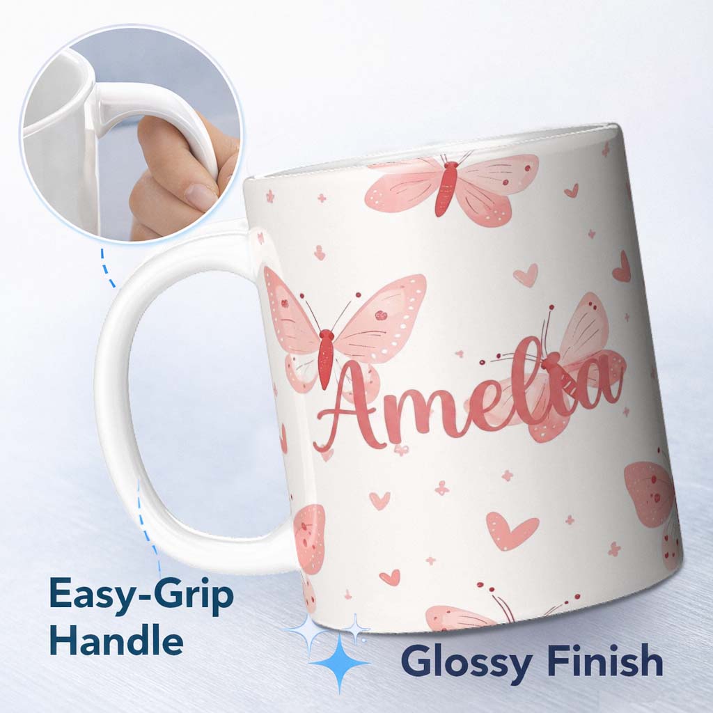 Personalized Custom Name Cute Pink Butterflies Hearts Soft Pastel Seamless Pattern Romantic 11oz Ceramic Coffee Tea Mug White Large Handle