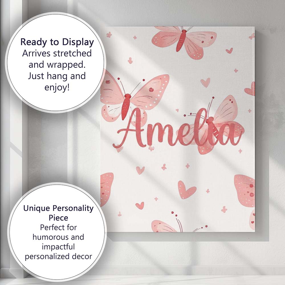 Personalised Name Cute Pink Butterflies Custom  Modern Room Accent Elegant Feature Canvas Wall Art Print Decor Picture Ready to Hang