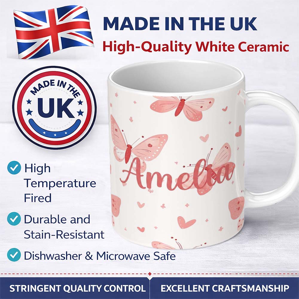 Personalized Custom Name Cute Pink Butterflies Hearts Soft Pastel Seamless Pattern Romantic 11oz Ceramic Coffee Tea Mug White Large Handle