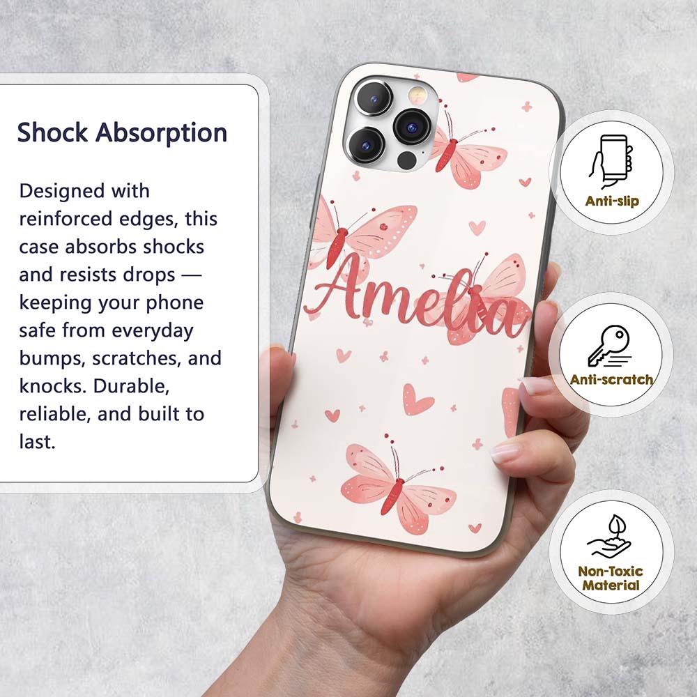 Cute Pink Butterflies Hearts Soft Pastel Seamless Custom Name Protective Phone Case Mobile Cover Durable Everyday Smartphone Shock Resistant