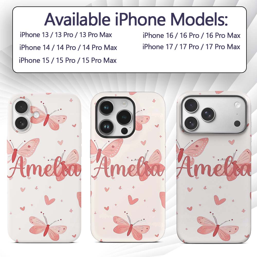 Cute Pink Butterflies Hearts Soft Pastel Seamless Custom Name Protective Phone Case Mobile Cover Durable Everyday Smartphone Shock Resistant