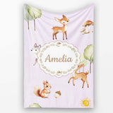 Cute Woodland Deer Fox Mushroom Seamless Pattern on Pastel Lavender  Personalised Custom Name Super Soft Fleece Blanket Bed Sofa Throw