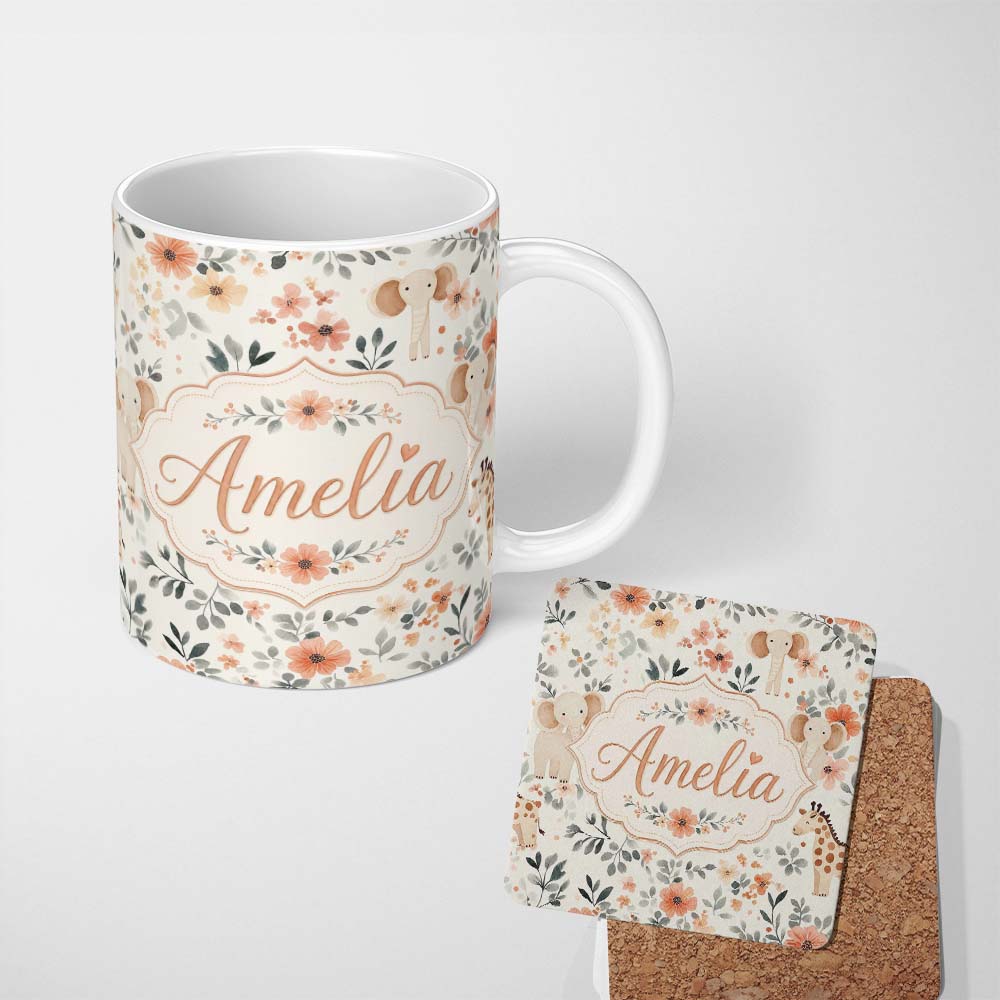 Personalized Custom Name Cute Baby Elephants Floral Leaves Seamless Pattern Nursery Style 11oz Ceramic Coffee Tea Mug White Large Handle