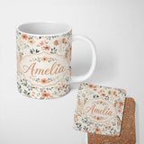 Personalized Custom Name Cute Baby Elephants Floral Leaves Seamless Pattern Nursery Style 11oz Ceramic Coffee Tea Mug White Large Handle