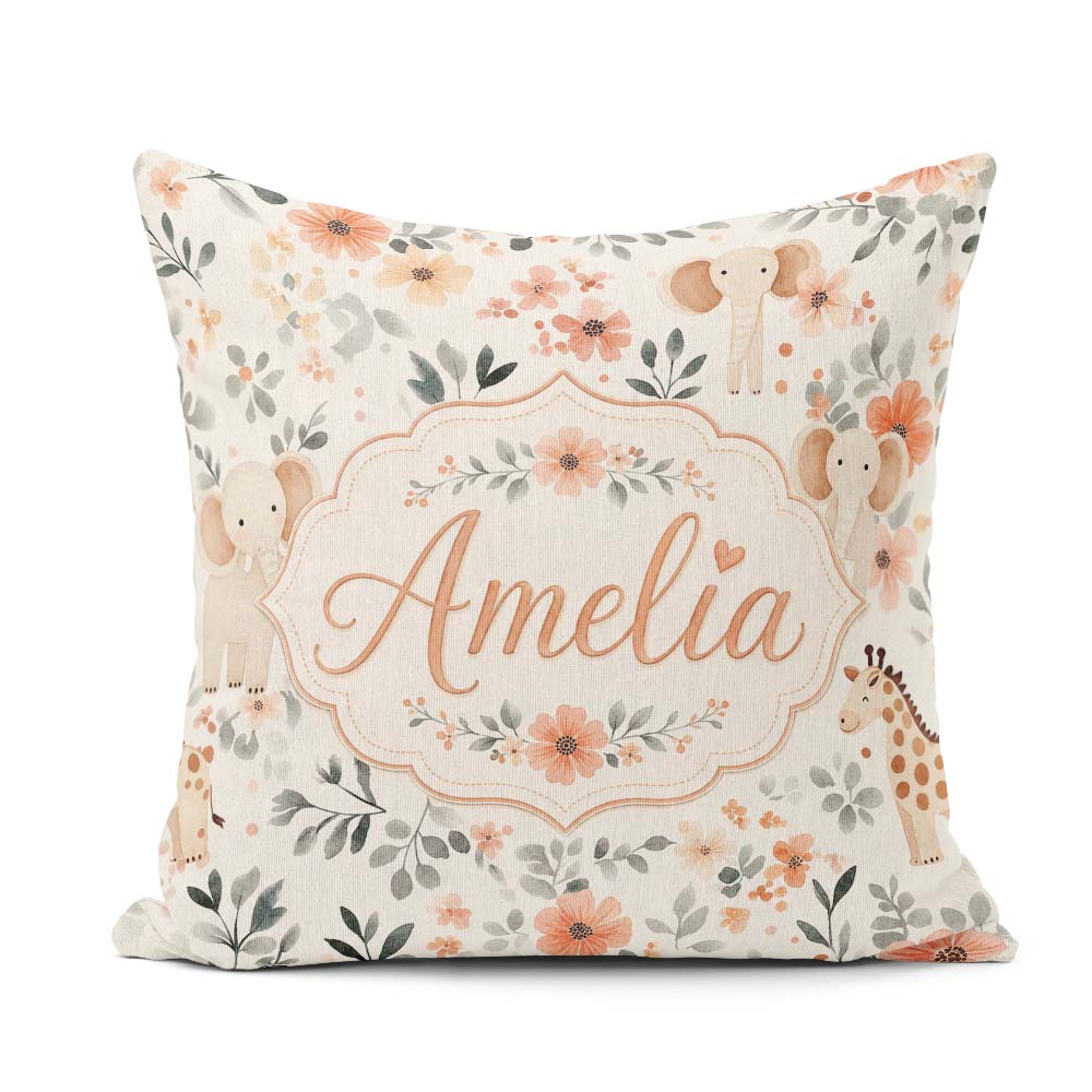 Custom Name Baby Elephants Floral Seamless Pattern Nursery Style Square Filled Cushion Throw Pillow Sofa Bed Home Decor Zip Washable UK Made