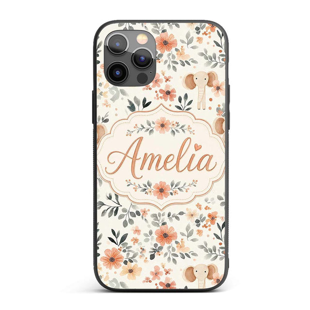 Cute Baby Elephants Floral Leaves Printed Design Custom Name Protective Phone Case Mobile Cover Durable Everyday Smartphone Shock Resistant