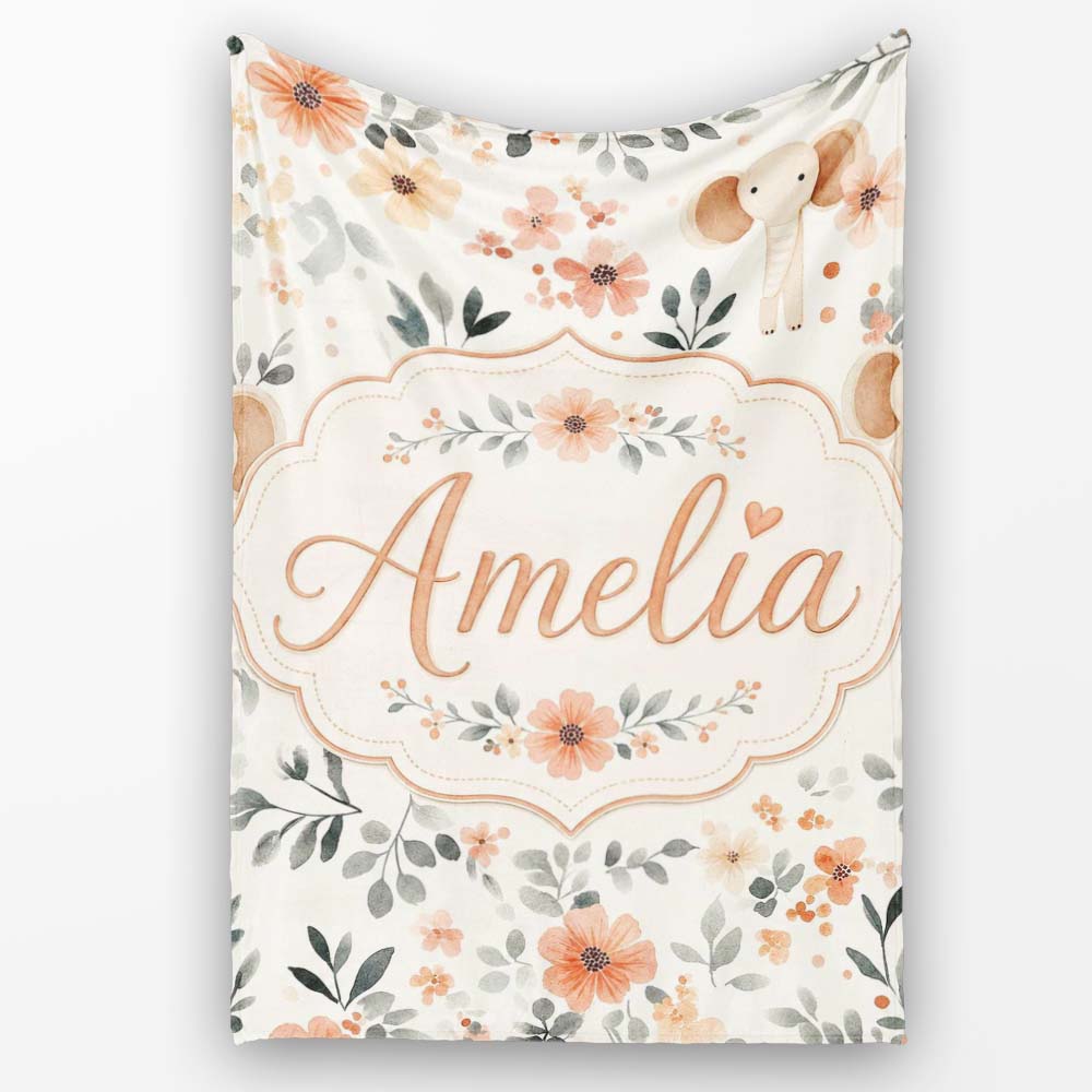 Cute Baby Elephants Floral Leaves Seamless Pattern Nursery Style  Personalised Custom Name Super Soft Fleece Blanket Bed Sofa Throw