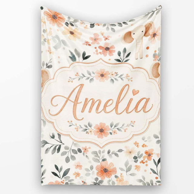 Cute Baby Elephants Floral Leaves Seamless Pattern Nursery Style  Personalised Custom Name Super Soft Fleece Blanket Bed Sofa Throw