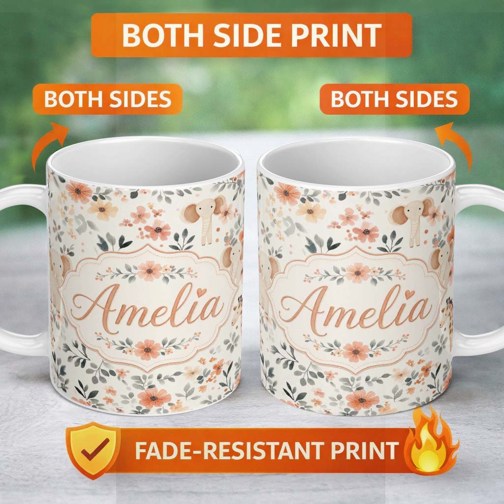 Personalized Custom Name Cute Baby Elephants Floral Leaves Seamless Pattern Nursery Style 11oz Ceramic Coffee Tea Mug White Large Handle