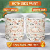 Personalized Custom Name Cute Baby Elephants Floral Leaves Seamless Pattern Nursery Style 11oz Ceramic Coffee Tea Mug White Large Handle