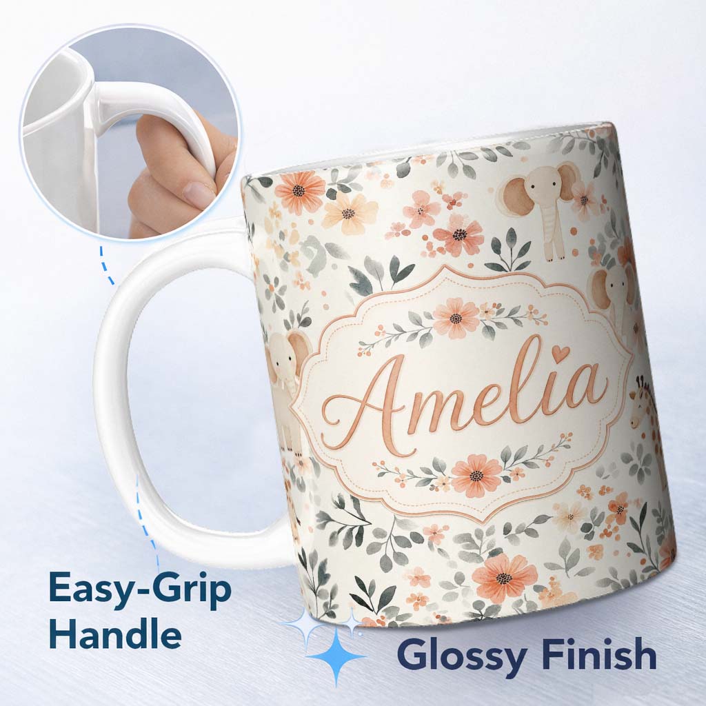 Personalized Custom Name Cute Baby Elephants Floral Leaves Seamless Pattern Nursery Style 11oz Ceramic Coffee Tea Mug White Large Handle