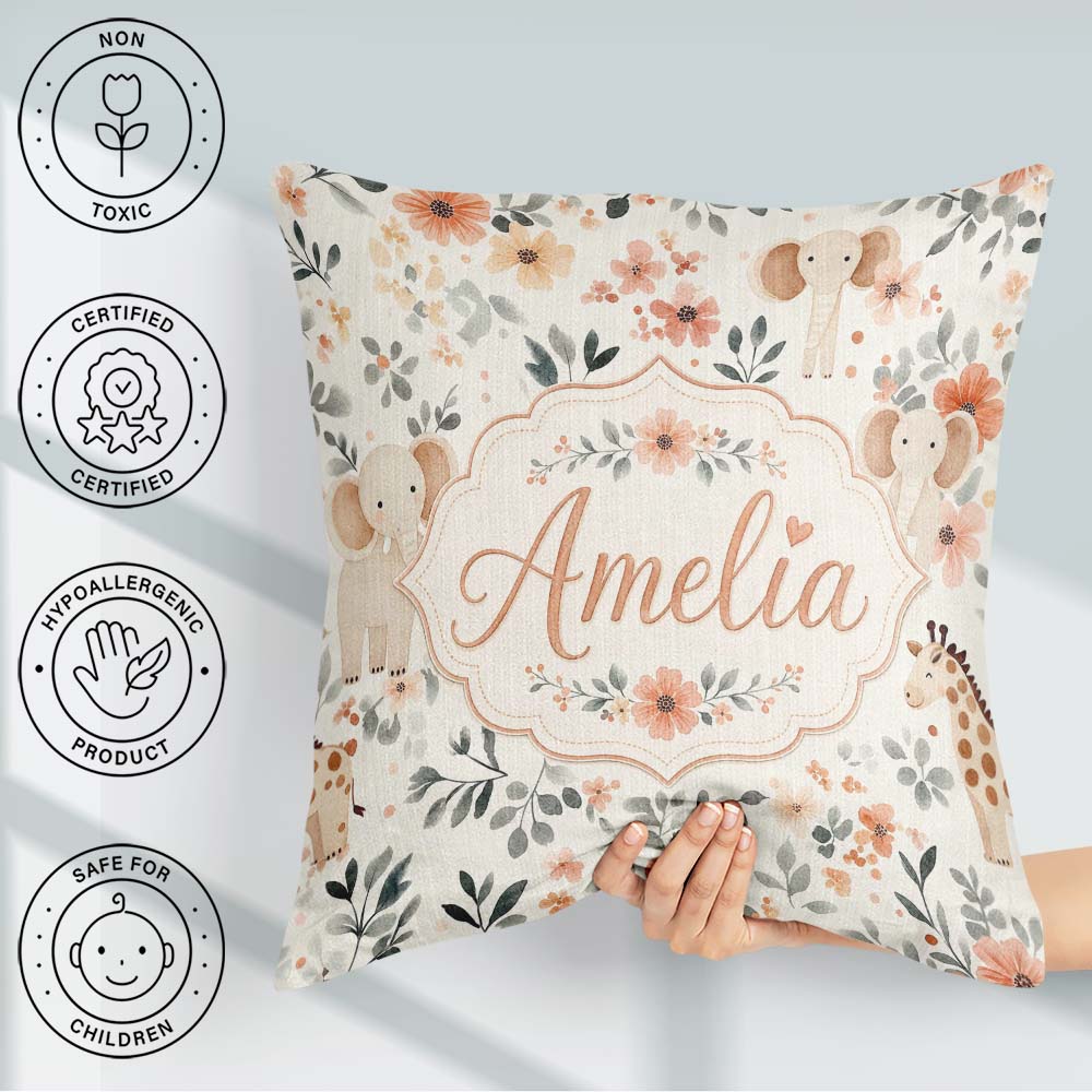 Custom Name Baby Elephants Floral Seamless Pattern Nursery Style Square Filled Cushion Throw Pillow Sofa Bed Home Decor Zip Washable UK Made