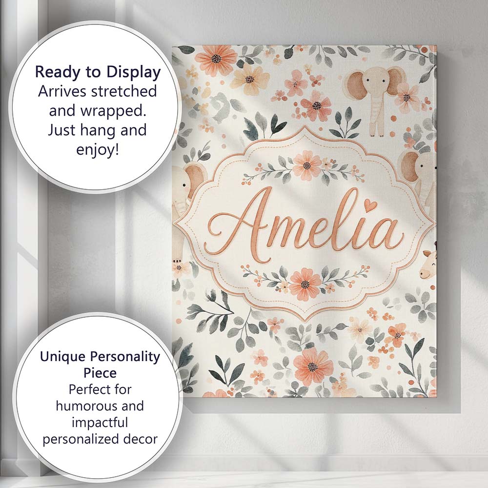 Personalised Name Cute Baby Elephants Custom Modern Room Accent Creative Decorator Style Canvas Wall Art Print Decor Picture Ready to Hang