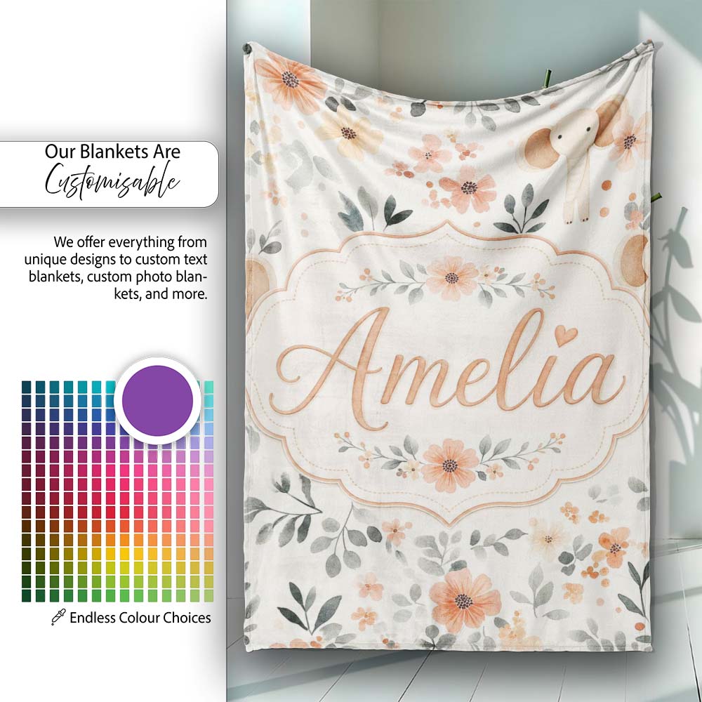 Cute Baby Elephants Floral Leaves Seamless Pattern Nursery Style  Personalised Custom Name Super Soft Fleece Blanket Bed Sofa Throw