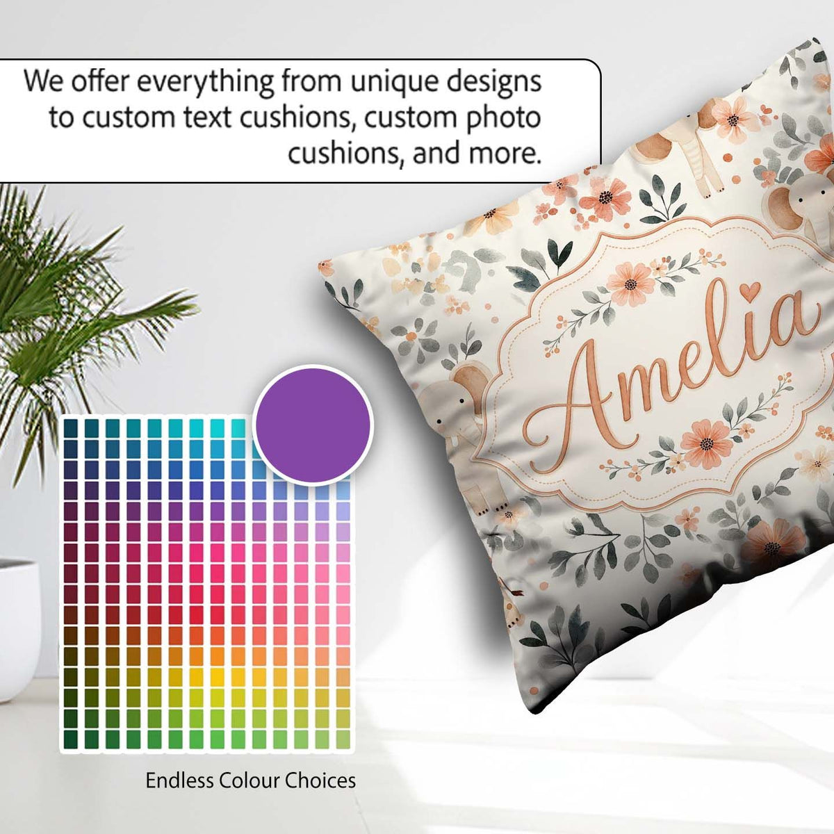 Custom Name Baby Elephants Floral Seamless Pattern Nursery Style Square Filled Cushion Throw Pillow Sofa Bed Home Decor Zip Washable UK Made