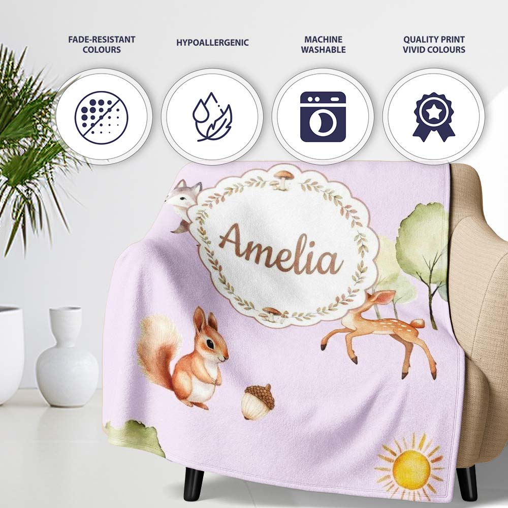 Cute Woodland Deer Fox Mushroom Seamless Pattern on Pastel Lavender  Personalised Custom Name Super Soft Fleece Blanket Bed Sofa Throw
