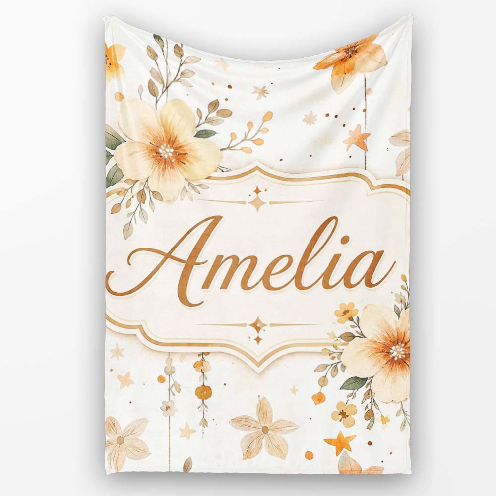 Watercolor Floral Stars Hanging Blooms Seamless Pattern Soft Beige  Personalised Custom Name Super Soft Fleece Blanket Bed Sofa Throw