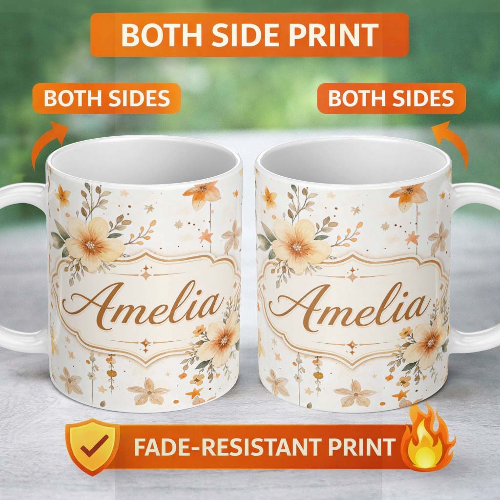 Personalized Custom Name Watercolor Floral Stars Hanging Blooms Seamless Pattern Soft Beige 11oz Ceramic Coffee Tea Mug White Large Handle