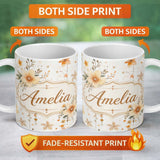 Personalized Custom Name Watercolor Floral Stars Hanging Blooms Seamless Pattern Soft Beige 11oz Ceramic Coffee Tea Mug White Large Handle