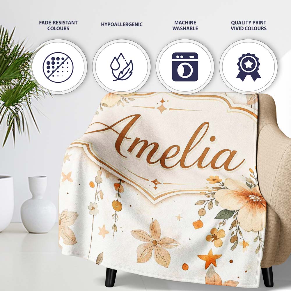 Watercolor Floral Stars Hanging Blooms Seamless Pattern Soft Beige  Personalised Custom Name Super Soft Fleece Blanket Bed Sofa Throw