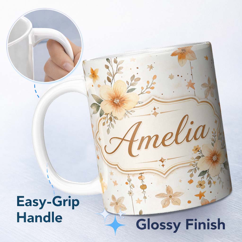 Personalized Custom Name Watercolor Floral Stars Hanging Blooms Seamless Pattern Soft Beige 11oz Ceramic Coffee Tea Mug White Large Handle