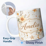 Personalized Custom Name Watercolor Floral Stars Hanging Blooms Seamless Pattern Soft Beige 11oz Ceramic Coffee Tea Mug White Large Handle