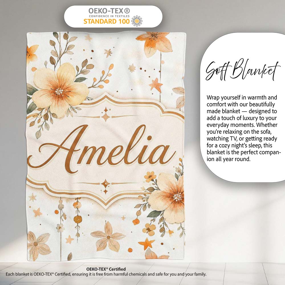 Watercolor Floral Stars Hanging Blooms Seamless Pattern Soft Beige  Personalised Custom Name Super Soft Fleece Blanket Bed Sofa Throw