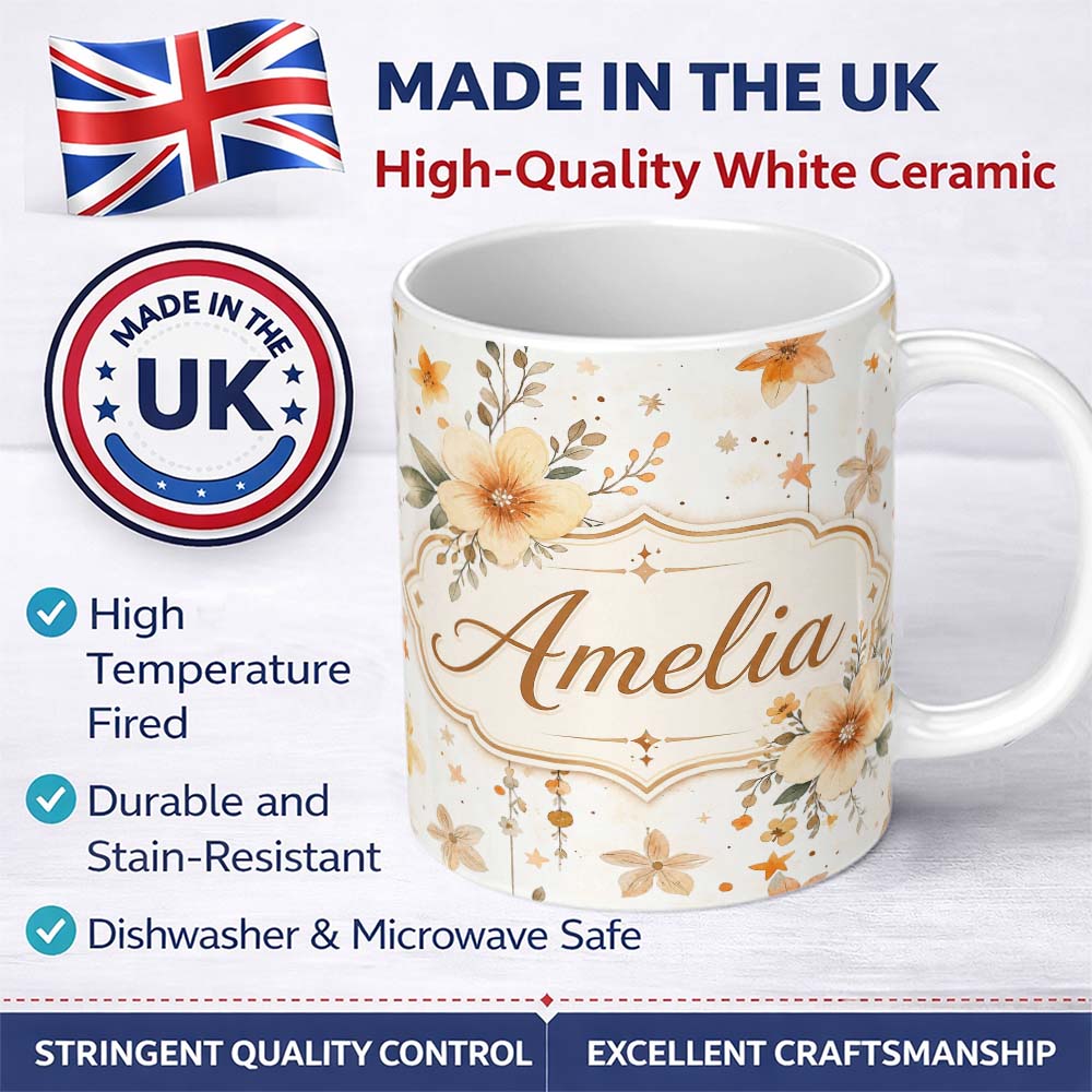 Personalized Custom Name Watercolor Floral Stars Hanging Blooms Seamless Pattern Soft Beige 11oz Ceramic Coffee Tea Mug White Large Handle