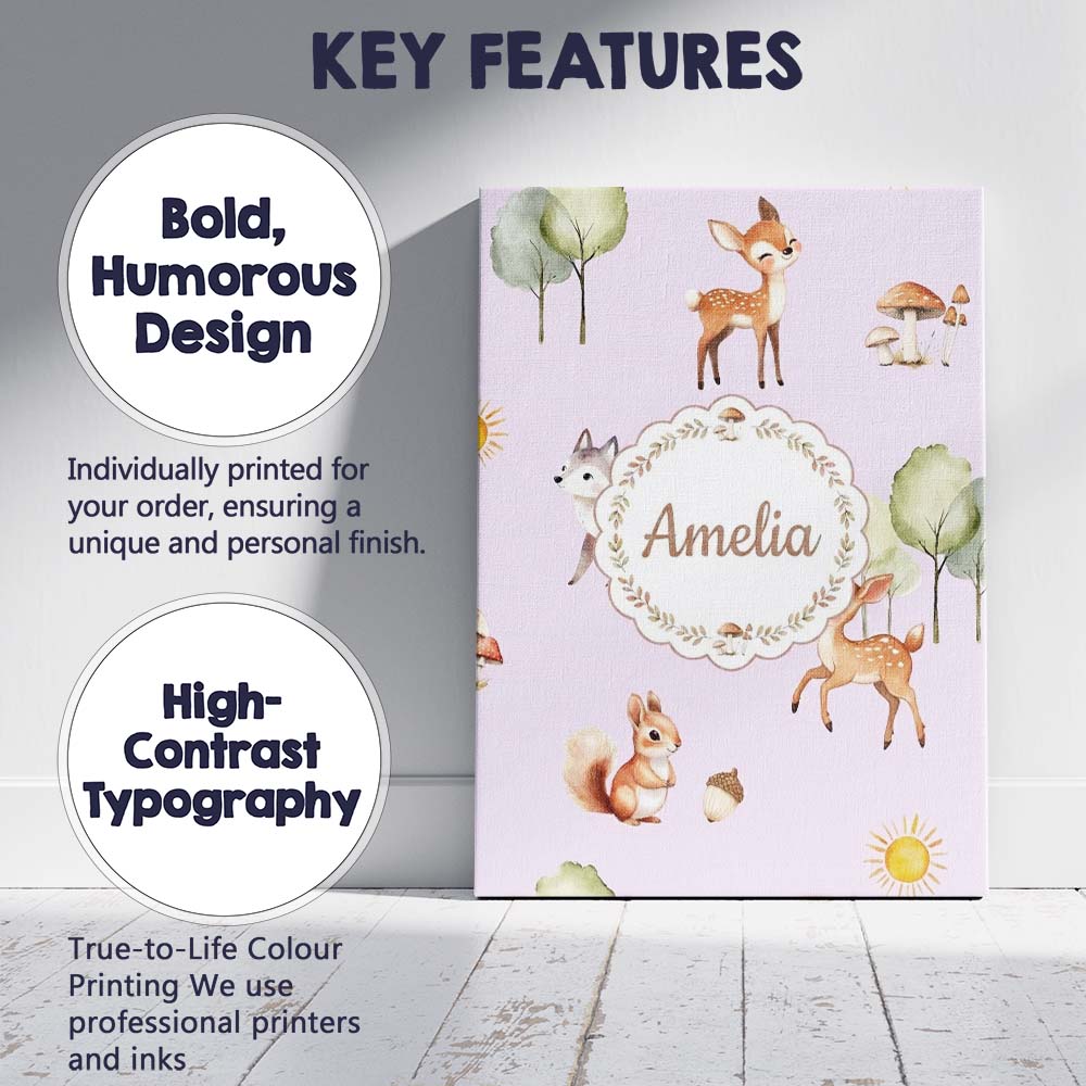 Personalised Name Cute Woodland Deer Fox Custom  Unique Gift Idea Elegant Feature Canvas Wall Art Print Decor Picture Ready to Hang