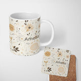 Personalized Custom Name Boho Sun Flowers Abstract Leaves Seamless Pattern Neutral Tones 11oz Ceramic Coffee Tea Mug White Large Handle