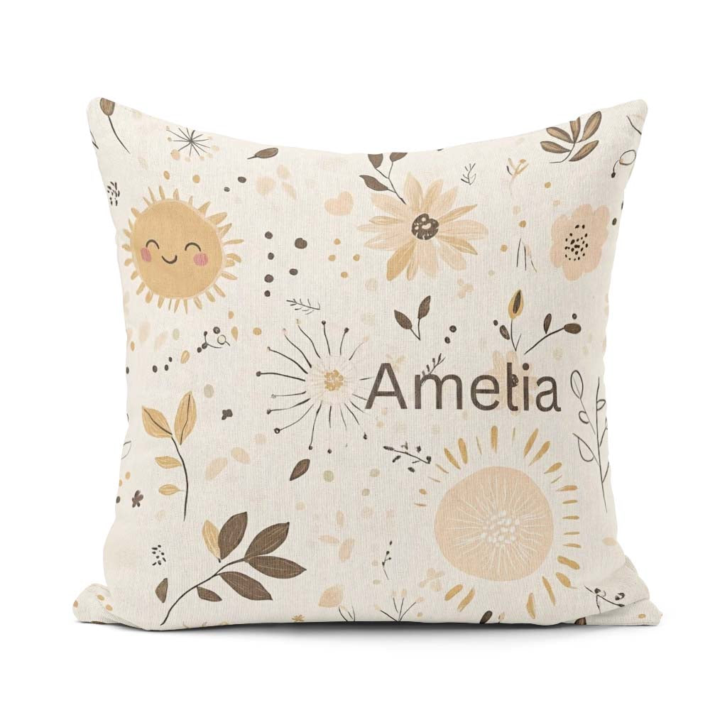 Custom Name Sun Flowers Abstract Leaves Seamless Pattern Neutral Square Filled Cushion Throw Pillow Sofa Bed Home Decor Zip Washable UK Made