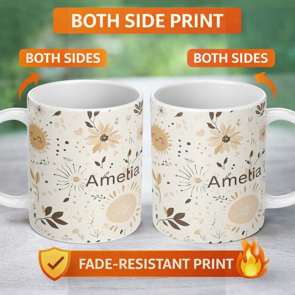 Personalized Custom Name Boho Sun Flowers Abstract Leaves Seamless Pattern Neutral Tones 11oz Ceramic Coffee Tea Mug White Large Handle
