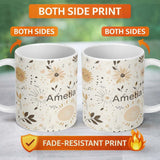 Personalized Custom Name Boho Sun Flowers Abstract Leaves Seamless Pattern Neutral Tones 11oz Ceramic Coffee Tea Mug White Large Handle