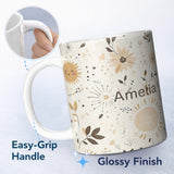 Personalized Custom Name Boho Sun Flowers Abstract Leaves Seamless Pattern Neutral Tones 11oz Ceramic Coffee Tea Mug White Large Handle