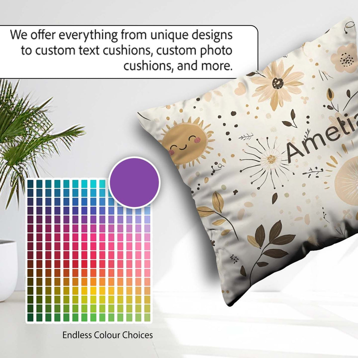 Custom Name Sun Flowers Abstract Leaves Seamless Pattern Neutral Square Filled Cushion Throw Pillow Sofa Bed Home Decor Zip Washable UK Made