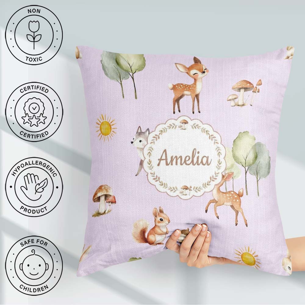 Custom Name Cute Woodland Deer Fox Mushroom Seamless on Lavender Square Filled Cushion Throw Pillow Sofa Bed Home Decor Zip Washable UK Made