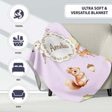 Cute Woodland Deer Fox Mushroom Seamless Pattern on Pastel Lavender  Personalised Custom Name Super Soft Fleece Blanket Bed Sofa Throw