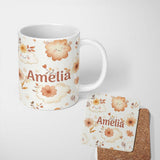 Personalized Custom Name Cute Smiling Clouds Flowers Pastel Seamless Pattern Kids Nursery 11oz Ceramic Coffee Tea Mug White Large Handle