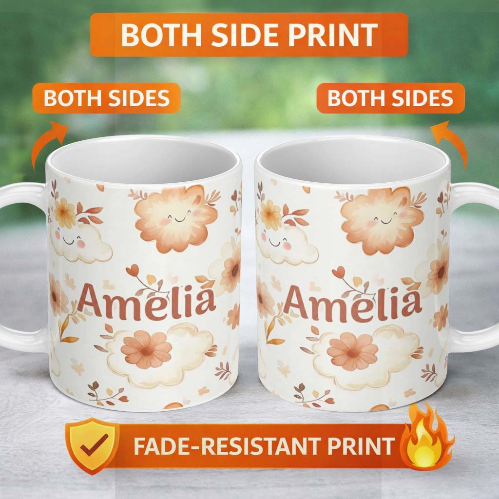 Personalized Custom Name Cute Smiling Clouds Flowers Pastel Seamless Pattern Kids Nursery 11oz Ceramic Coffee Tea Mug White Large Handle