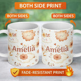 Personalized Custom Name Cute Smiling Clouds Flowers Pastel Seamless Pattern Kids Nursery 11oz Ceramic Coffee Tea Mug White Large Handle