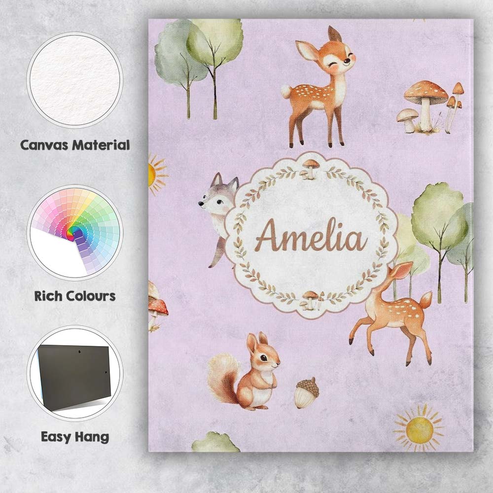Personalised Name Cute Woodland Deer Fox Custom  Unique Gift Idea Elegant Feature Canvas Wall Art Print Decor Picture Ready to Hang