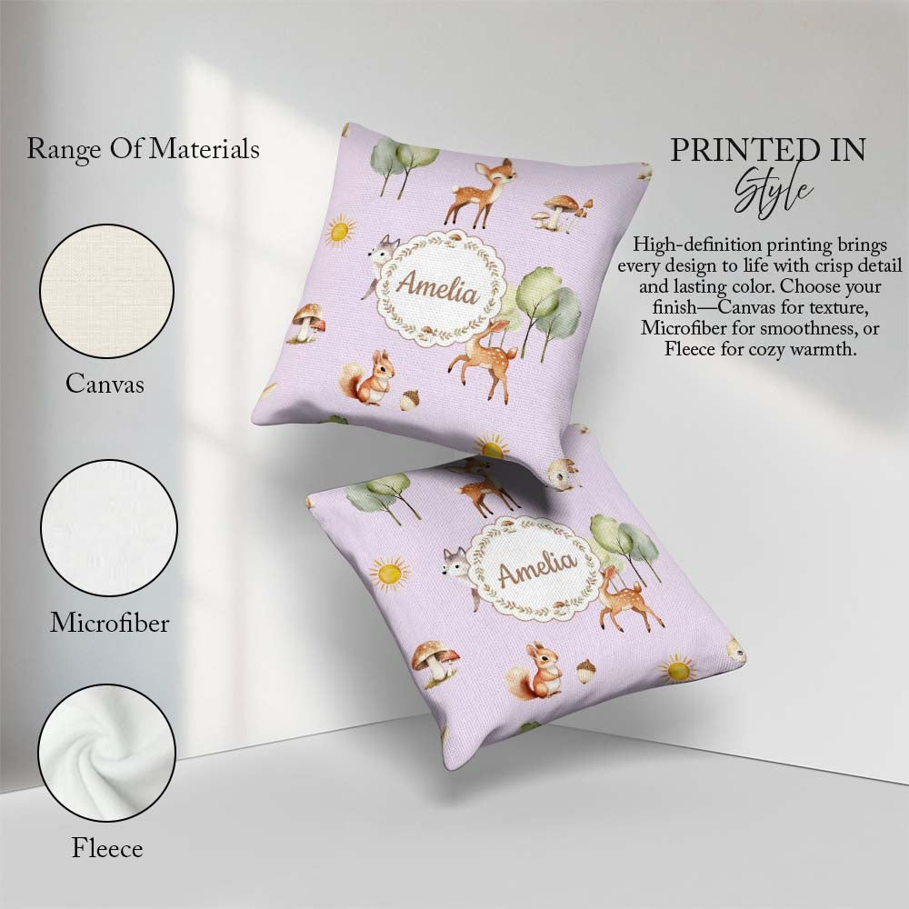 Custom Name Cute Woodland Deer Fox Mushroom Seamless on Lavender Square Filled Cushion Throw Pillow Sofa Bed Home Decor Zip Washable UK Made