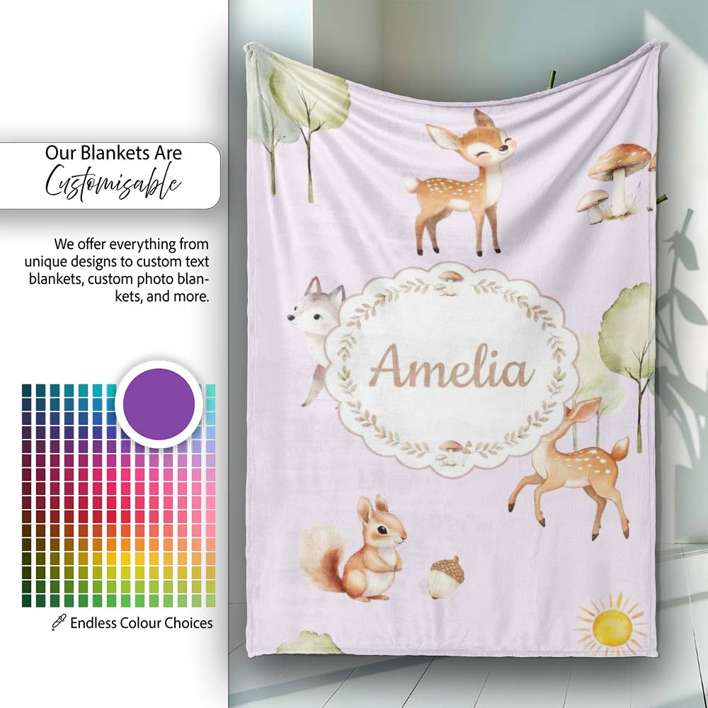Cute Woodland Deer Fox Mushroom Seamless Pattern on Pastel Lavender  Personalised Custom Name Super Soft Fleece Blanket Bed Sofa Throw