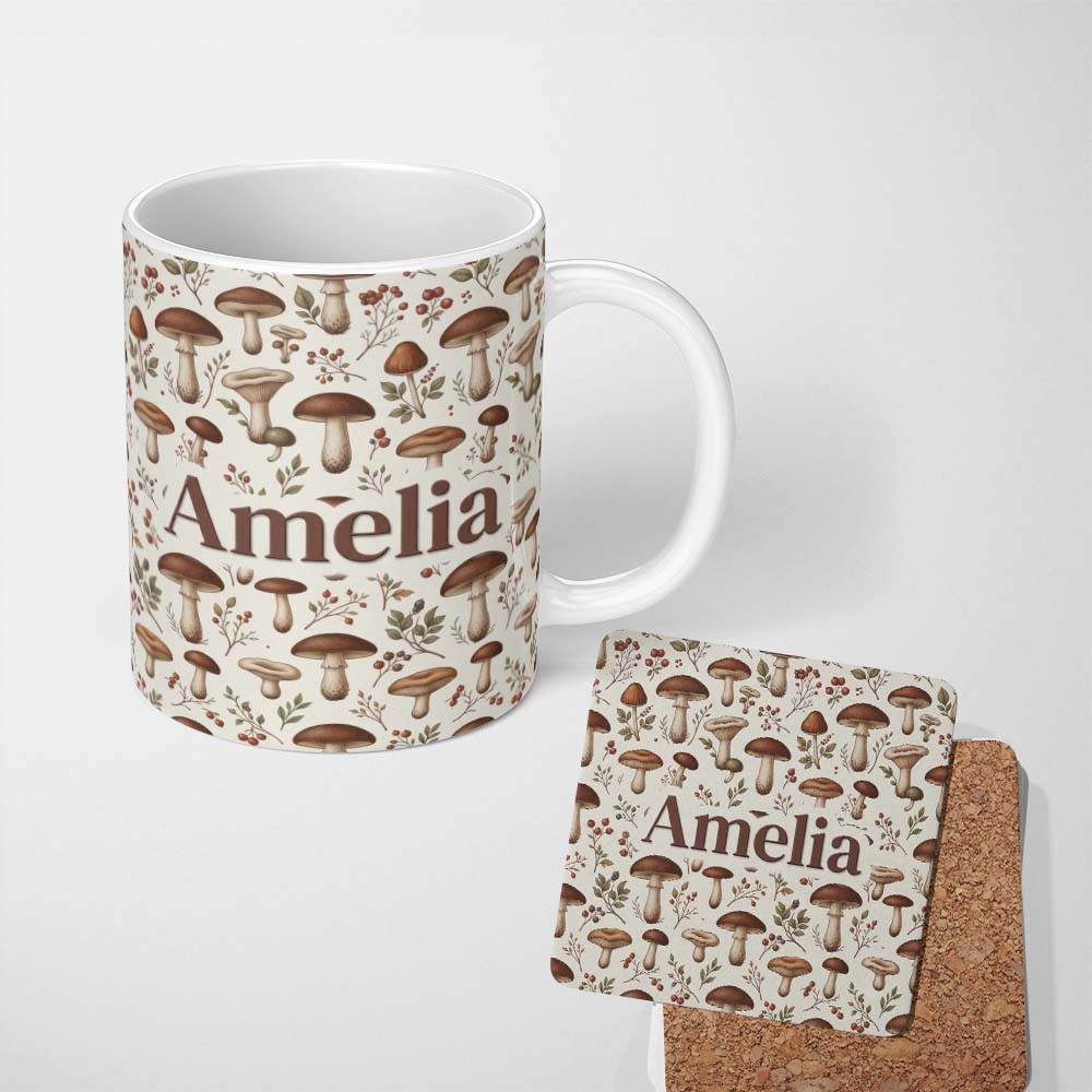 Personalized Custom Name Neutral Mushroom Botanical Woodland Seamless Pattern Soft Earth 11oz Ceramic Coffee Tea Mug White Large Handle