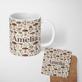 Personalized Custom Name Neutral Mushroom Botanical Woodland Seamless Pattern Soft Earth 11oz Ceramic Coffee Tea Mug White Large Handle