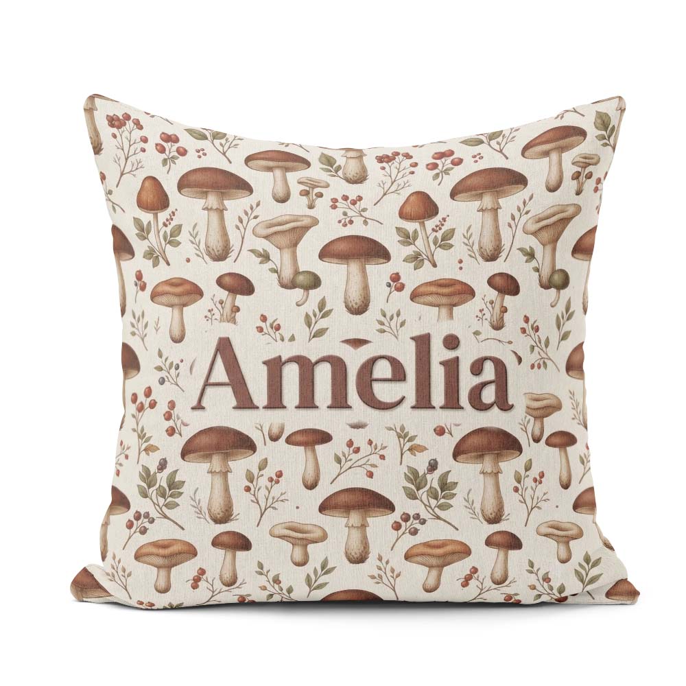 Custom Name Neutral Mushroom Botanical Woodland Seamless Pattern Square Filled Cushion Throw Pillow Sofa Bed Home Decor Zip Washable UK Made