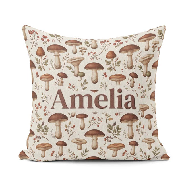 Custom Name Neutral Mushroom Botanical Woodland Seamless Pattern Square Filled Cushion Throw Pillow Sofa Bed Home Decor Zip Washable UK Made