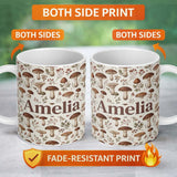Personalized Custom Name Neutral Mushroom Botanical Woodland Seamless Pattern Soft Earth 11oz Ceramic Coffee Tea Mug White Large Handle