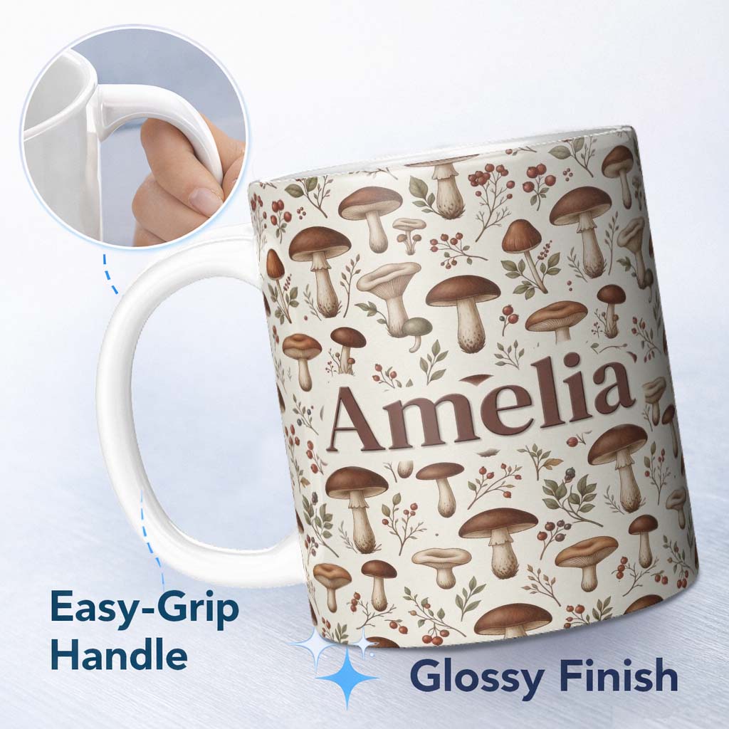 Personalized Custom Name Neutral Mushroom Botanical Woodland Seamless Pattern Soft Earth 11oz Ceramic Coffee Tea Mug White Large Handle