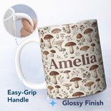 Personalized Custom Name Neutral Mushroom Botanical Woodland Seamless Pattern Soft Earth 11oz Ceramic Coffee Tea Mug White Large Handle